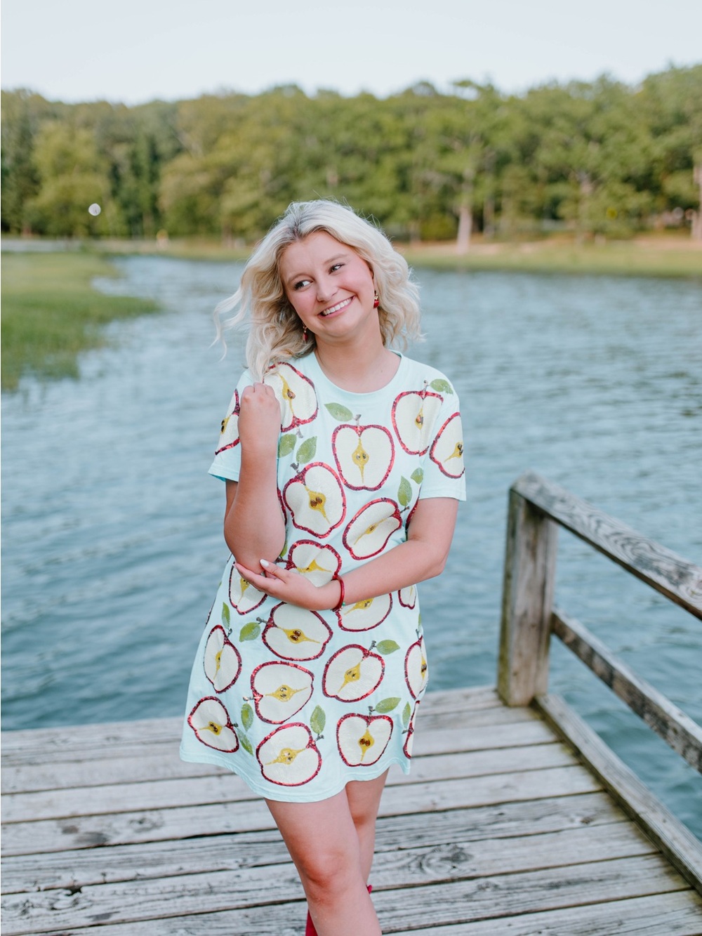 QUEEN OF SPARKLES Mint Short Sleeve Dress with Apple Motif